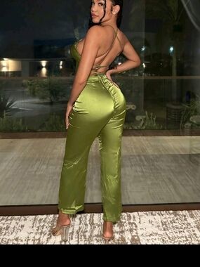 Satin Olive Green Spaghetti-Strap Jumpsuit